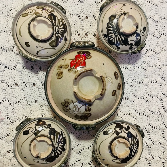 Vintage Donabe Japanese Rice Cooker Flower Motif Stoneware Earthenware Set Rare - Picture 10 of 14